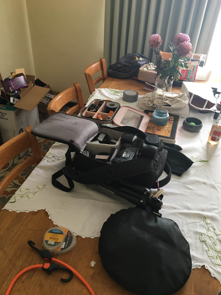 Camera bag laid out & open